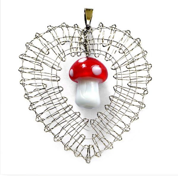 515 Bastelset Schmuck-Anhänger „Pilz im Blättchen“ mit 1 farbigen Glas-Pilz